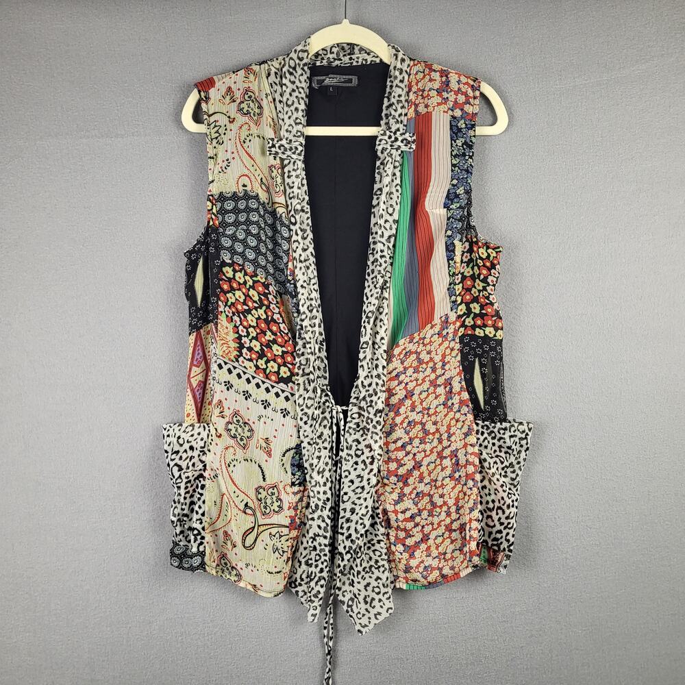 Zashi Women's L Sheer Patchwork Vest Cardigan Animal Print Artsy Maximalist Boho